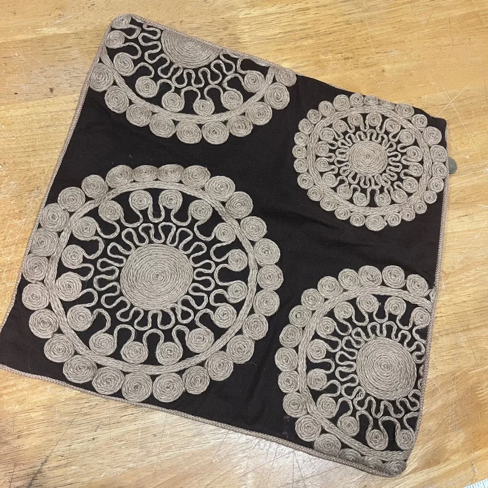 Pier 1 Imports Brown Cotton Rope Mandala Embroidered Pillow Cover 18x18 Boho Vtg
